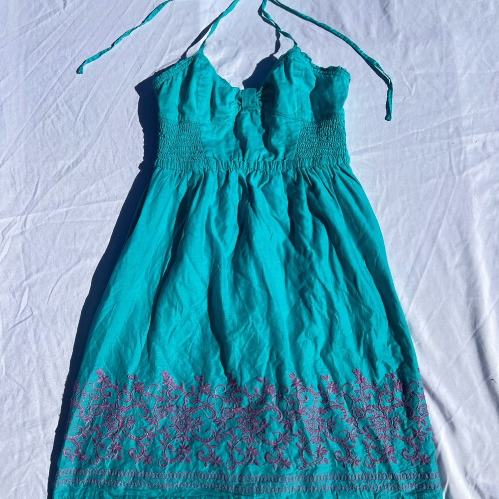 Aēropostale Turquoise Halter Dress with Purple Embroidery